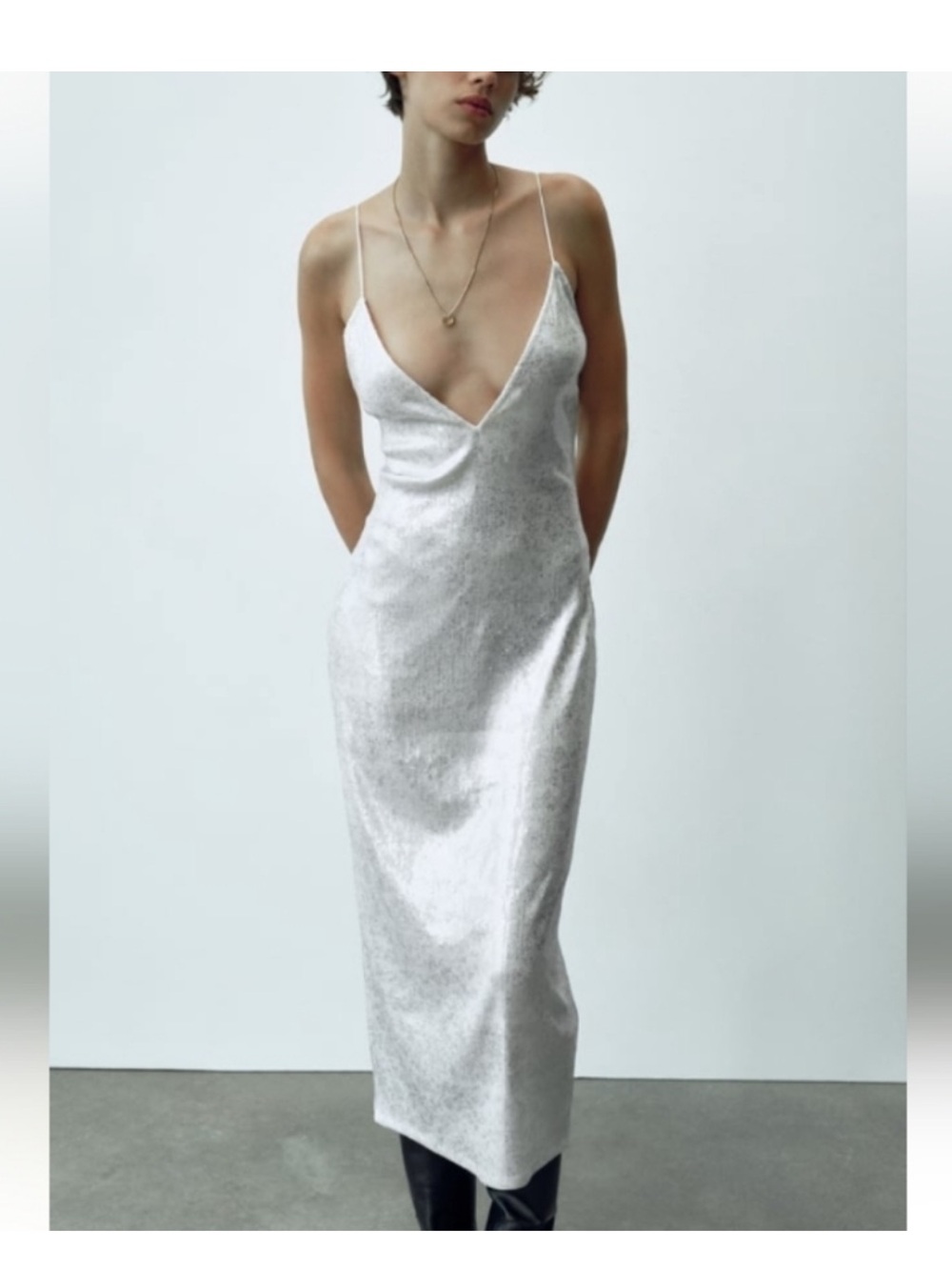 Zara Silver Sequin V‑Neck Midi Slip Dress